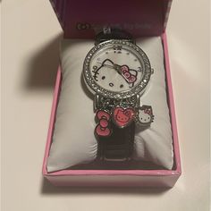 Cute Black Hello Kitty Watch -Has 3 Charms -Comfortable Leather Strap -Perfect Gift! Ships Asap! Trendy Black Watch For Gift, Trendy Black Watch As A Gift, Trendy Black Watch For A Gift, Sanrio Jewelry, Hello Kitty Watch, Black Hello Kitty, Earthy Outfits, Jewelry Cute, Girly Jewelry