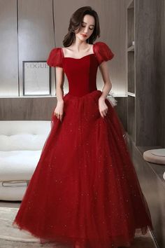 Formal Dresses Off Shoulder, Red Short Prom Dress, Prom Dress Cute, Tulle Long Prom Dress, Dresses Off Shoulder, A Line Evening Dress, Evening Dresses With Sleeves, Burgundy Prom Dress, Tulle Fabric