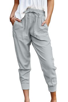 Gray Causal Pockets Pants Gray Cargo Pants For Summer, Gray Summer Cargo Pants, Summer Gray Cargo Pants, Spring Joggers With Side Pockets And Loose Fit, Casual High-waist Capris With Pockets, Casual High Waist Capris With Pockets, Relaxed Fit Gray Bottoms For Spring, Gray Harem Pants With Elastic Waistband For Spring, High-waisted Relaxed Fit Joggers For Spring