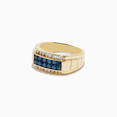 Effy Men's 14K Yellow Gold Blue and White Diamond Ring Classic Blue Signet Ring Stamped 14k, Blue 14k Gold Signet Ring Fine Jewelry, Formal Blue 14k Gold Signet Ring, Blue Diamond Signet Ring With Polished Finish, 14k Gold Blue Sapphire Ring With 17 Jewels, Luxury Blue Signet Ring, Classic Blue Cluster Ring In 14k Gold, Blue 14k Gold Ring Stamped 14k, Blue Diamond Ring With Diamond Cut In 14k Gold