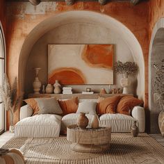 Characterful Mediterranean living room highlighting the use of warm earthy hues for a comfortable feel Mediterranean Decorating, Moroccan Inspired Living Room, Wooden Dining Table Rustic