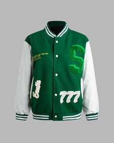 Details: Green baseball jacket with letter embroideryTop Length: NormalSleeve Length: Long SleevesMaterials:95% Polyester + 5% Spandex Hooded Embroidered College Varsity Jacket, Hooded Embroidered Varsity Jacket For College, Embroidered Hooded Varsity Jacket For College, Spring Varsity Jacket With Baseball Collar For College, Varsity Jacket With Baseball Collar For College Spring Season, Spring Varsity Jacket, Varsity Jacket With Letter Embroidery, Collegiate Varsity Jacket With Baseball Collar For Spring, Sporty Long Sleeve Varsity Jacket With Letter Patch