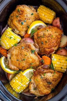 chicken, potatoes and carrots in a slow cooker