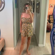 Orange Beige Green Floral. New Great Condition Casual Short-length Jumpsuits And Rompers For Vacation, Sleeveless Bottoms With Floral Print For Day Out, Casual Strapless Jumpsuits And Rompers For Vacation, Casual Strapless Jumpsuits And Rompers For Beach Season, Shorts Romper, Short Rompers, Color Orange, Pant Jumpsuit, Jumpsuit Romper