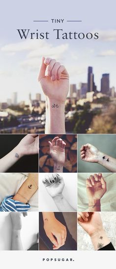 many different tattoos on the wrist and hand are shown in this collage with words that read