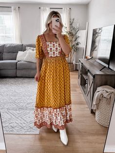 Model is 5'1", 34D, 6/28 and is wearing a size medium. Item runs true to size. Golden Poppy Maxi Dress features a golden yellow, brown boho pattern, square neckline lined with dainty lace, flowy short sleeves, smocked back, hidden side zipper, true maxi length. More details:100% polyester. hand wash or wash on cold and hang to dry. Golden Poppy, Flowy Shorts, Boho Patterns, Short Leggings, Golden Yellow, Floral Maxi, Floral Maxi Dress, Square Neckline, Skirt Pants