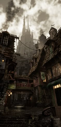 an image of a creepy looking town in the sky with buildings on either side and dark clouds above it