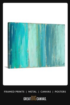 an abstract painting with blue and green colors on the canvas, framed in black frame