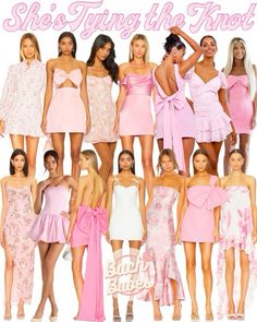 the models are all wearing pink dresses and one is posing in front of a white background