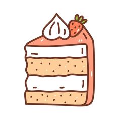 a piece of cake with cream and strawberries on top, hand drawn doodle style