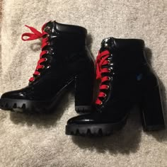 Never Worn - Shiny Black Lace Up Bootie With Red Shoe Strings- No Box Red And Black Combat Boots, Black And Red Boots, Red And Black Heels, Trendy Fall Boots, Black And Red Outfit, Red Black Shoes, Red And Black Shoes, Red Wedding Shoes, Gothic Shoes