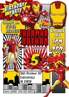 an iron man birthday party poster with the name ironman in red, yellow and black