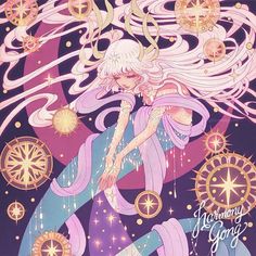 a drawing of a woman with long hair and stars in the sky above her head