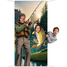 a man and woman holding a fish while standing in front of a banner that says fishing