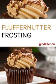 two chocolate cupcakes with frosting on top and the words fluffernutter frosting above them