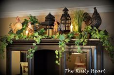 the mantle is decorated with fake chickens and greenery