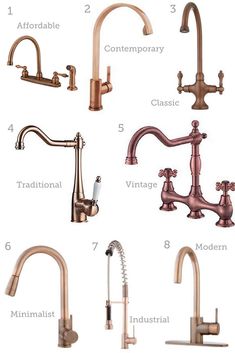 different types of kitchen faucets are shown in this image, with the names below them