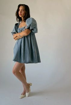 Denim Puff Sleeve Mini Dress For Summer, Summer Denim Puff Sleeve Mini Dress, Summer Denim Mini Dress With Puff Sleeves, Puff Sleeve Denim Dress For Day Out, Denim Dress With Puff Sleeves For Day Out, Denim Puff Sleeve Dress For Day Out, Spring Denim Mini Dress With Puff Sleeves, Spring Square Neck Denim Dress, Spring Puff Sleeve Medium Wash Dress