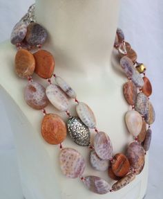 Handmade Agate Necklace, hand-knotted, natural Fire Agate, 3 mm Swarovski crystal, Venetian glass bead,  embossed sterling bead, 6 mm rock crystal in back of necklace with lovely sterling silver toggle and findings. This handmade, oneoff, triple strand necklace is 20 inches in length, weight is 8.2 oz, hand-crafted in North Palm Beach, Florida by designer artist Christine Smith Blue Lace Agate Necklace, Large Pearl Necklace, Rock Crystal Necklace, Jewerly Beads, Artisan Bracelets, Fire Agate, Palm Beach Fl, Antique Necklace, Agate Necklace