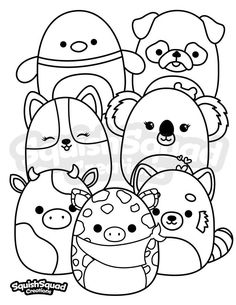 a group of cartoon animals with faces drawn in the style of an animal coloring book