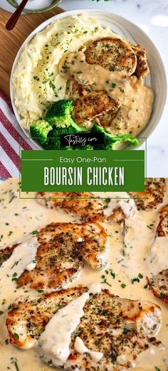 chicken with gravy and broccoli in a white sauce on a plate