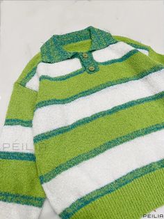 Peilia - Womens Striped Polo Neck Long Sleeve Pullover Sweater: A Versatile and Stylish Winter Wardrobe Essential Casual Green Polo Sweater For Fall, Green Long Sleeve Casual Polo Sweater, Trendy Green Sweater With Ribbed Collar, Green Oversized Knitted Tops, Green Knit Sweater With Ribbed Collar, Green Crew Neck Polo Sweater, Oversized Green Tops With Ribbed Collar, Green Casual Polo Sweater With Ribbed Collar, Casual Green Polo Sweater With Ribbed Collar