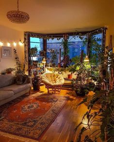 a living room filled with furniture and lots of plants on the floor next to a large window