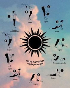 the sun yoga poses for beginners are shown in black and white, against a blue sky