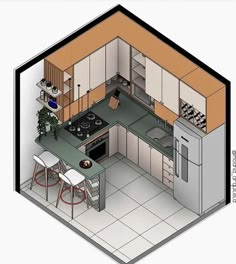 an overhead view of a kitchen and dining area