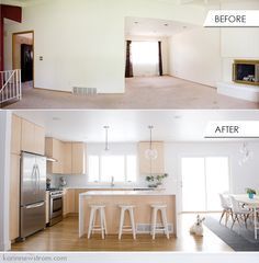 before and after pictures of an empty kitchen, dining room and living room with white walls