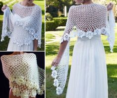 crocheted wedding shawl with white flowers on the shoulders and back, in three different views