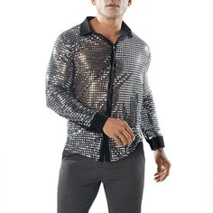 Shirts Type: Casual Shirts Material: Nylon Material: Spandex Material: Acrylic Sleeve Length(cm): Full Collar: Turn-down Collar Style: Casual Fabric Type: Broadcloth Model Number: Sexy Sequin Transparent Shirt Sleeve Style: REGULAR Closure Type: Single Breasted Gender: Men Item Type: Shirts Pattern Type: Black See Through Shirt Type: Nightclub Shiny Gold Shirt Black Collared Shirt For Party, Stretch Button-up Party Tops, Disco Style Long Sleeve Winter Tops, Winter Disco Long Sleeve Top, Fitted Sequin Button-up Top, Black Party Shirt For Winter, Winter Party Black Shirt, Slim Fit Party Shirt For Fall, Fitted Black Disco Tops