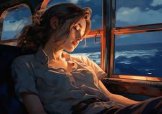 a painting of a woman sitting on a train looking out the window at the ocean