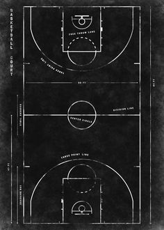 an old black and white basketball court with lines drawn on the side, as well as numbers