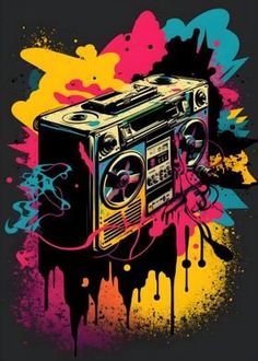 an old school boombox with paint splatters on it