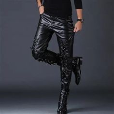 SPECIFICATIONS Style: Moto & Biker Applicable Scene: Party Fabric Type: dobby Pant Style: Pencil Pants Material: Faux Leather Applicable Season: Spring and Autumn Closure Type: Zipper Fly Front Style: Pleated Fit Type: skinny Gender: MEN Decoration: NONE Thickness: Midweight Waist Type: MID Length: Ankle-Length Pants Black Punk Leather Pants For Biker Events, Black Full-length Biker Bottoms, Black Fitted Pants For Biker Events, Fitted Black Pants For Biker Events, Edgy Black Pants For Biker Events, Black Full Length Biker Bottoms, Fitted Black Bottoms For Biker Events, Black Biker Pants For Fall, Black Punk Pants For Biker Events