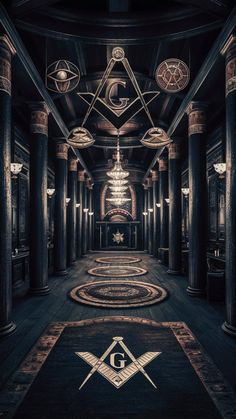 an image of a building that looks like it has masonic symbols on the floor and is surrounded by columns