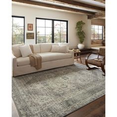 a living room with a couch, chair and rug on the floor in front of large windows