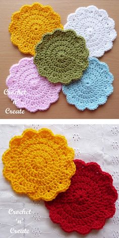 crocheted doily with different colors and sizes on the bottom, one is yellow, the other is red