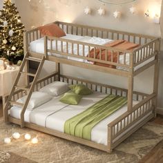 a wooden bunk bed sitting next to a christmas tree