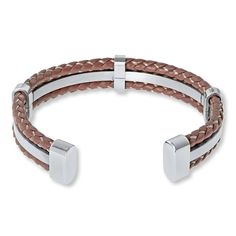 Braided brown leather flanks a band of gleaming stainless steel in this eye-catching men's bracelet. The cuff-style bracelet measures 7 inches in length. Classic Brown Cuff Jewelry, Classic Brown Bangle Bracelets, Modern Brown Bracelets For Formal Occasion, Modern Brown Cuff Bracelets, Brown Cuff Bracelets For Formal Occasions, Modern Brown Leather Bracelet For Formal Occasions, Formal Brown Leather Strap Bracelet, Modern Brown Leather Formal Bracelet, Modern Brown Cuff Jewelry