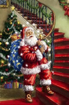 a painting of santa claus on the stairs