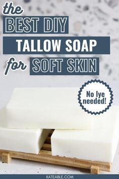 3 Tallow soaps. Text reads, "the best DIY tallow soap for soft skin. No lye needed at kateable.com." Tallow Soap Recipe No Lye, Homemade Tallow, Soap Without Lye, Tallow Soap, Cold Process Soap Recipes, Soap Making Recipes, Soap Recipes, Recipes For Beginners, Cold Process Soap