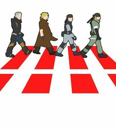 a group of people walking across a red and white crosswalk with the same person