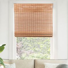 a living room with a couch and window covered in bamboo blind shades on the windowsill