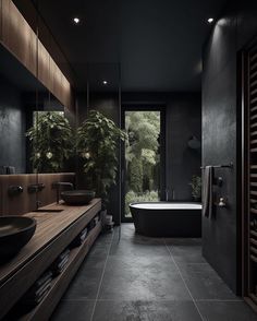 In modern bathroom designthe use of black stone and dark woods has gained immense popularity for its ability to create a captivating and luxurious space. Dark Modern Bathroom, All Black Bathroom, Dark Modern House, Black Modern Bathroom, Modern Black Bathroom, Dark Bathroom Ideas, Bathroom Design Black, Dark Modern