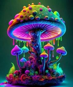 an image of colorful mushrooms and plants on a green background with drops of paint all over them