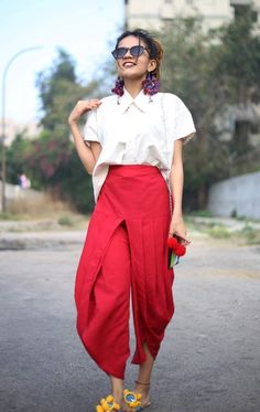 Red dhoti pants with white shirt