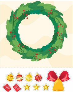 a christmas wreath with bells and stars around it, surrounded by other stickers on a white background