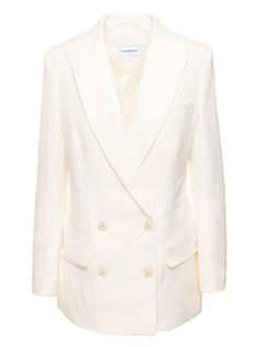 Blazer Double breasted Wide peak Tailored cut Front button fastening Chest welt pocket Two side flat pockets Long sleeves White Silk Blend Regular fit Buttoned cuffsComposition: 57% Viscose 43% Silk White Double Breasted Blazer, Tailored Blazer, Womens Blazers, Breasted Blazer, Double Breasted Blazer, White Blazer, White Silk, Silk Shirt, Casablanca